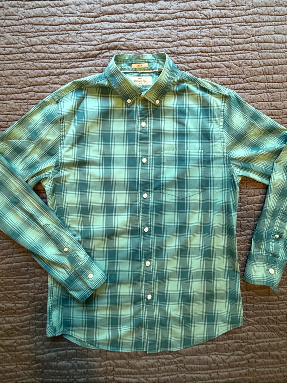 Men's Plaid Button-Down Shirt - Teal Green Slim Fit, Size Medium